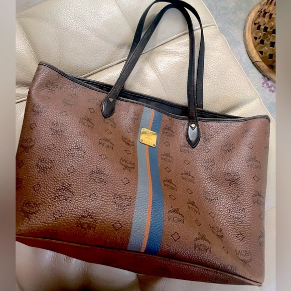 MCM brown stripe visetos top zipper large tote bag - Picture 1 of 17